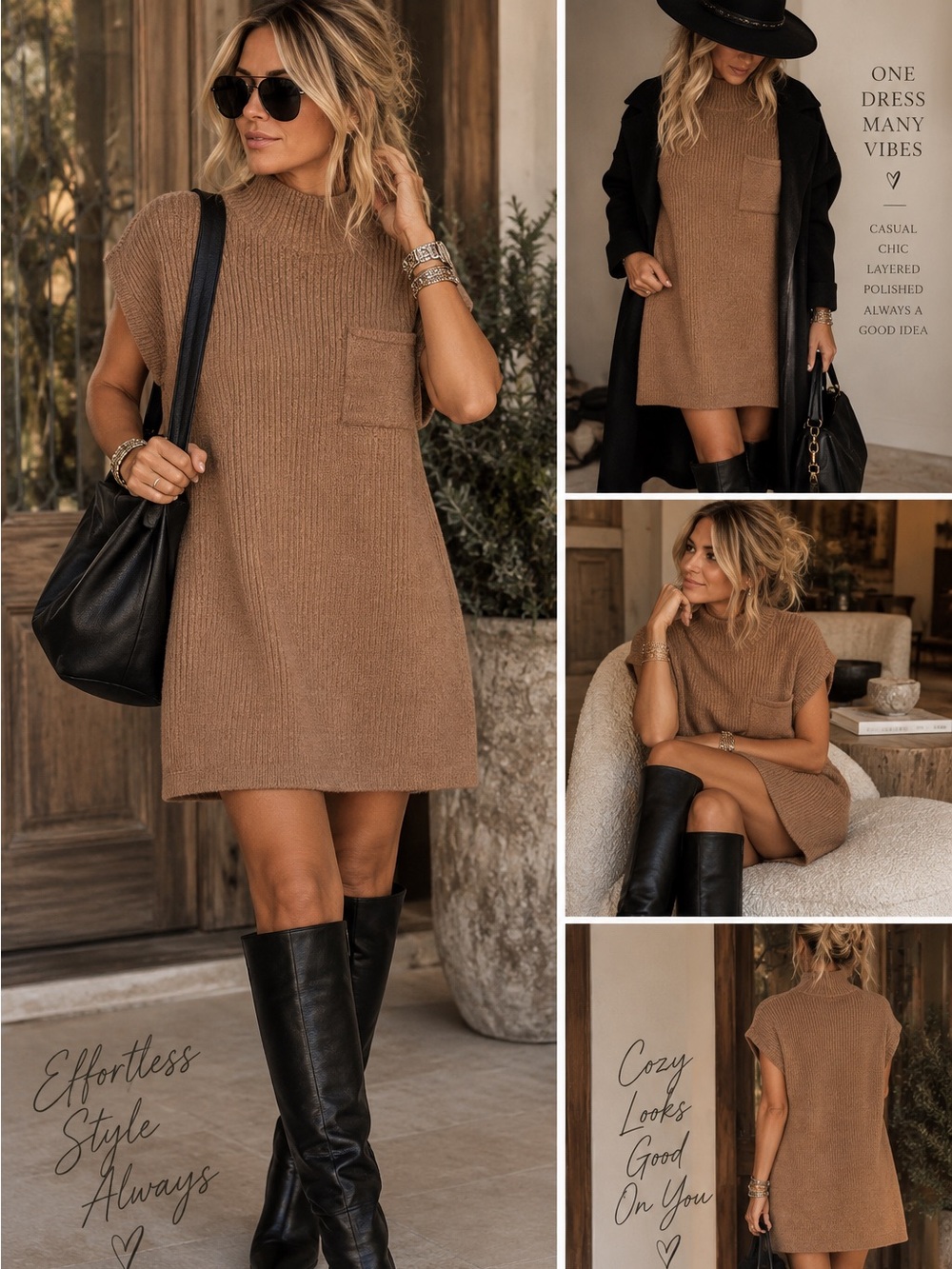 Zenana Outfitters Camel Ribbed Knit Short Sleeve Mini Dress